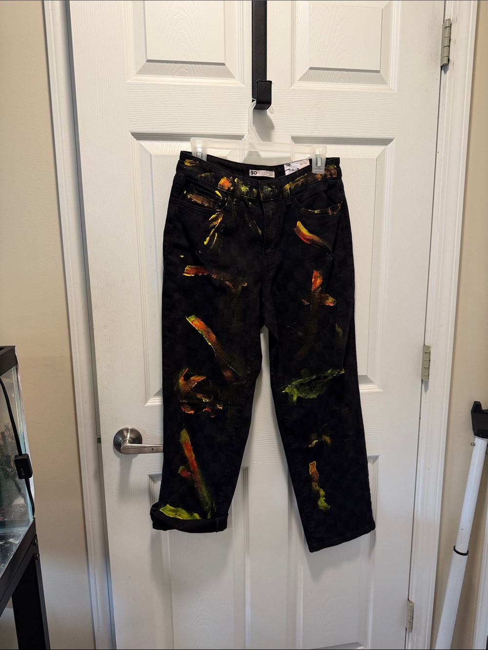 SO Black Painter-Splatter Jeans with Orange & Green Accents